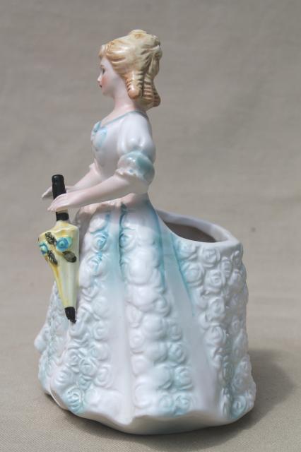 photo of vintage Japan china lady figurine, Cinderella blue & white pretty girl w/ parasol #3