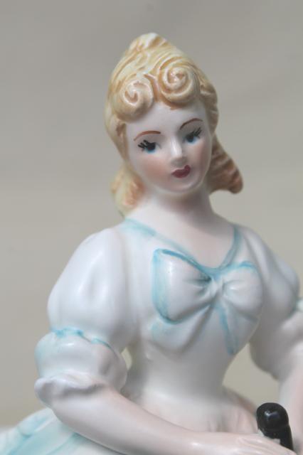 photo of vintage Japan china lady figurine, Cinderella blue & white pretty girl w/ parasol #6