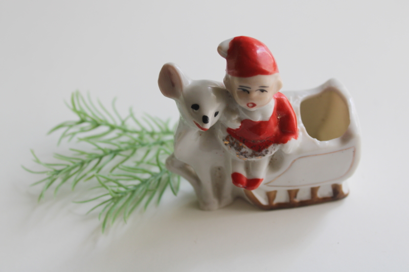 photo of vintage Japan china miniature, snow baby elf or Christmas pixie w/ Santa sleigh mica glitter  #1