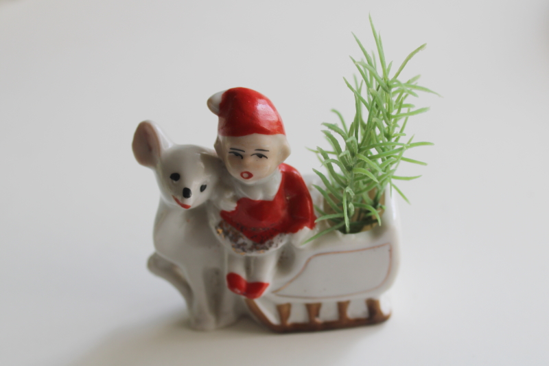 photo of vintage Japan china miniature, snow baby elf or Christmas pixie w/ Santa sleigh mica glitter  #2