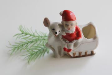 catalog photo of vintage Japan china miniature, snow baby elf or Christmas pixie w/ Santa sleigh mica glitter 