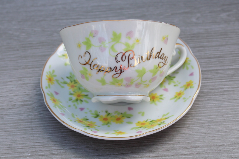 photo of vintage Japan china tea cup & saucer Happy Birthday motto special present birthday gift #1