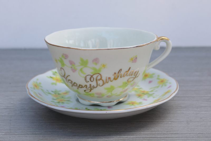 photo of vintage Japan china tea cup & saucer Happy Birthday motto special present birthday gift #2