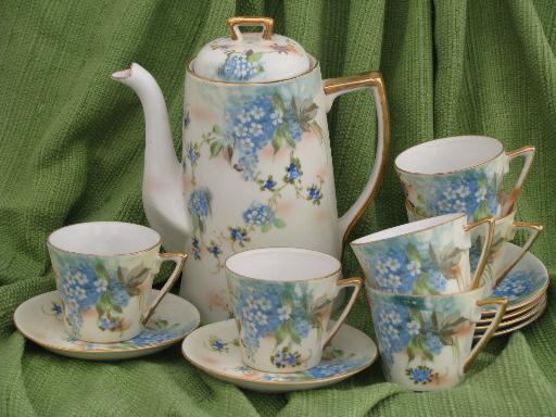 photo of vintage Japan china tea or chocolate pot and cups w/ hand-painted forget-me-nots #1