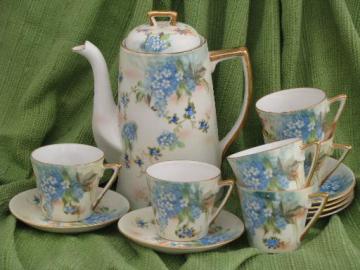 catalog photo of vintage Japan china tea or chocolate pot and cups w/ hand-painted forget-me-nots