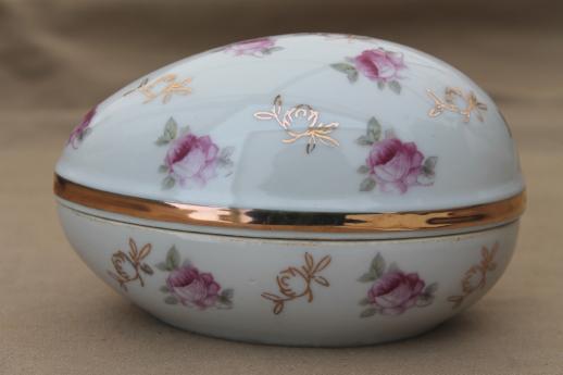 photo of vintage Japan china trinket box, Easter egg shaped porcelain box w/ pink roses #1