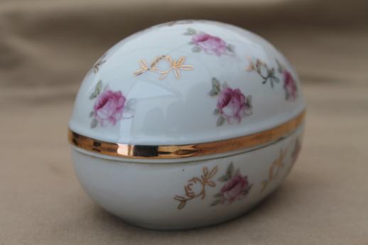 photo of vintage Japan china trinket box, Easter egg shaped porcelain box w/ pink roses #3