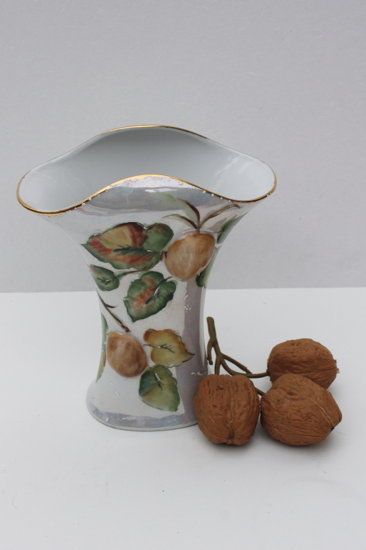 photo of vintage Japan china vase w/ walnuts & fall leaves, hand painted luster #1