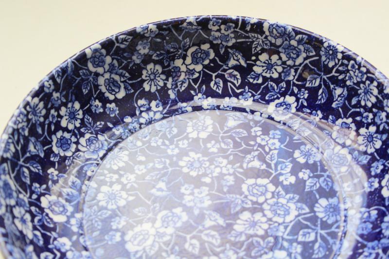 photo of vintage Japan chintz china bowl, cobalt blue and white calico floral pattern #4