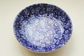 catalog photo of vintage Japan chintz china bowl, cobalt blue and white calico floral pattern