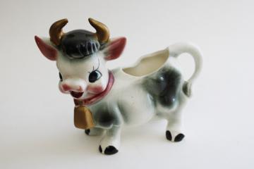 catalog photo of vintage Japan cow creamer, happy holstein w/ cowbell hand painted ceramic cream pitcher