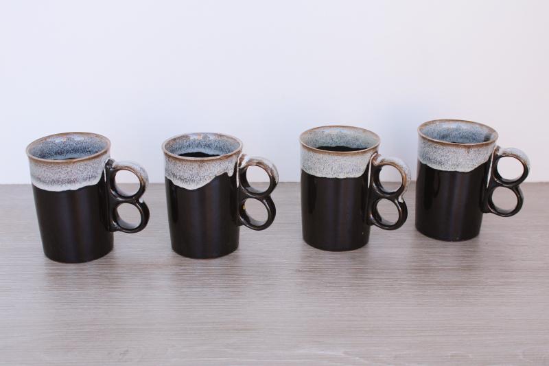 photo of vintage Japan dark brown drip glaze ceramic mugs, two finger hole trigger grip handle #1