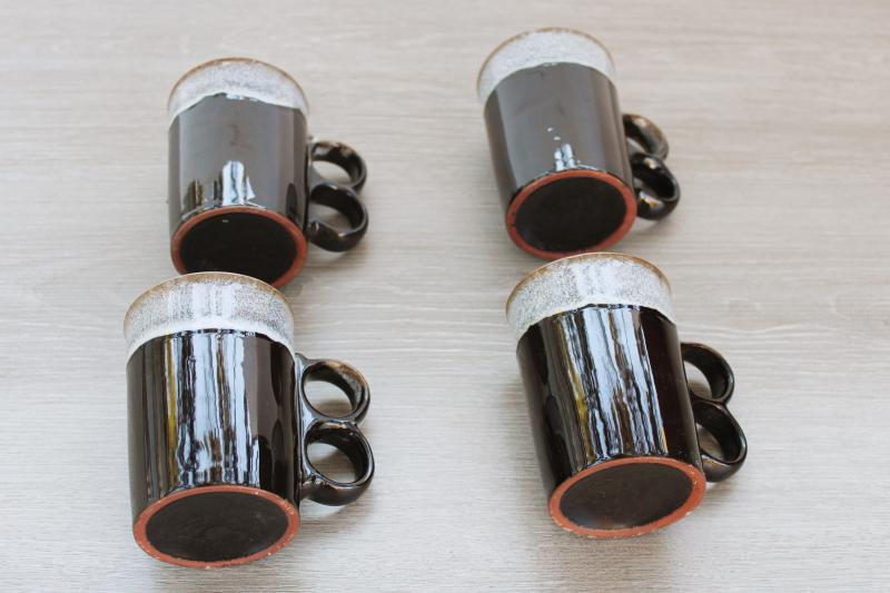 photo of vintage Japan dark brown drip glaze ceramic mugs, two finger hole trigger grip handle #3