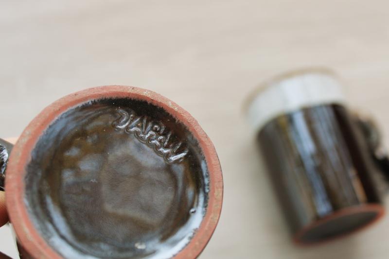 photo of vintage Japan dark brown drip glaze ceramic mugs, two finger hole trigger grip handle #4