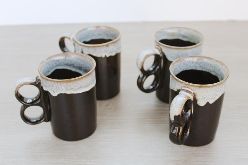 photo of vintage Japan dark brown drip glaze ceramic mugs, two finger hole trigger grip handle #5