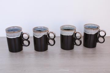 catalog photo of vintage Japan dark brown drip glaze ceramic mugs, two finger hole trigger grip handle