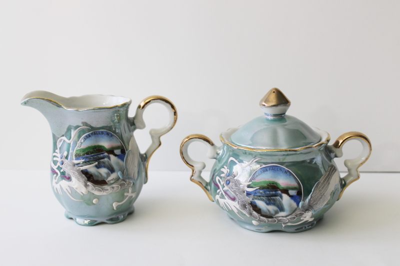 photo of vintage Japan dragon ware cream & sugar, hand painted aqua blue luster Niagara Falls souvenir #1