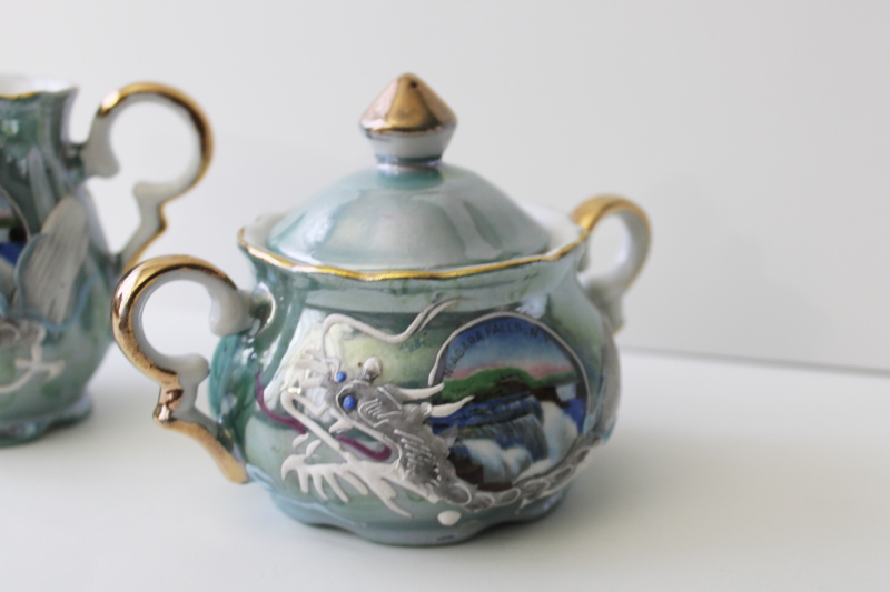 photo of vintage Japan dragon ware cream & sugar, hand painted aqua blue luster Niagara Falls souvenir #2