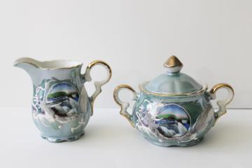 catalog photo of vintage Japan dragon ware cream & sugar, hand painted aqua blue luster Niagara Falls souvenir