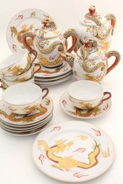 catalog photo of vintage Japan dragonware china tea set, lithophane porcelain cups, plates, dragon teapot