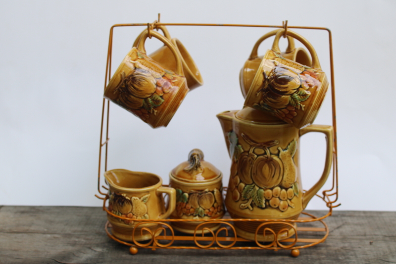 photo of vintage Japan fall theme hand painted ceramic set, tea or coffee pot, cream & sugar set w/ wire caddy mug rack  #1