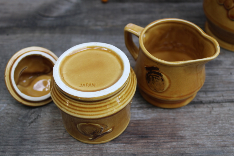 photo of vintage Japan fall theme hand painted ceramic set, tea or coffee pot, cream & sugar set w/ wire caddy mug rack  #3
