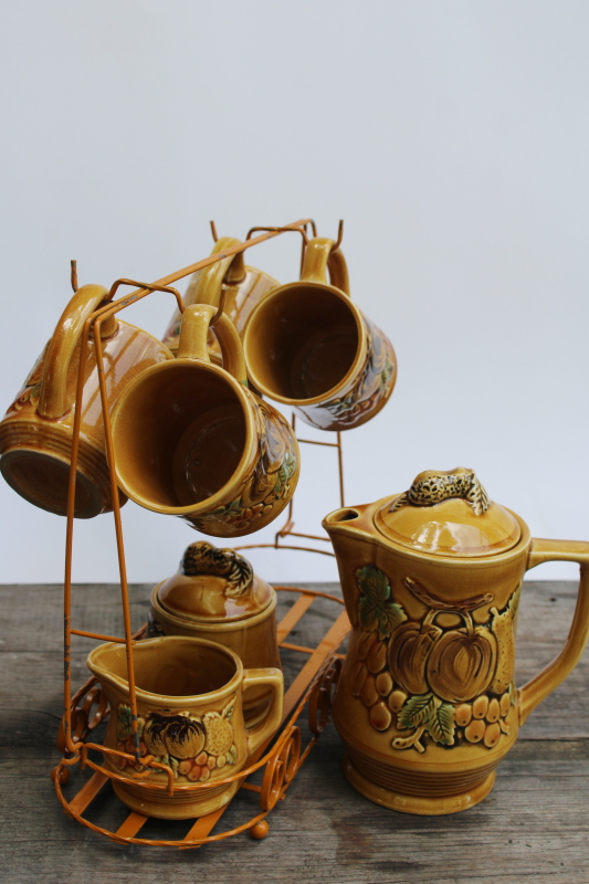 photo of vintage Japan fall theme hand painted ceramic set, tea or coffee pot, cream & sugar set w/ wire caddy mug rack  #4