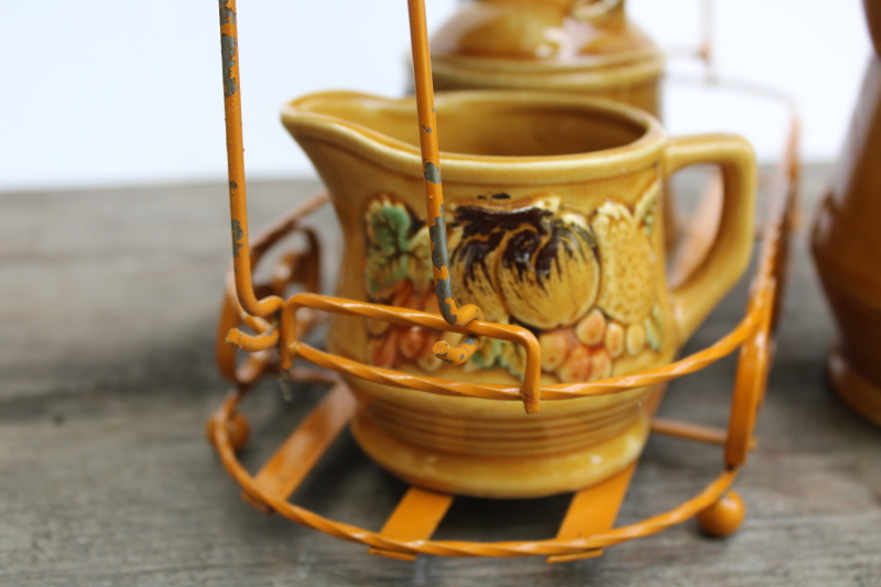 photo of vintage Japan fall theme hand painted ceramic set, tea or coffee pot, cream & sugar set w/ wire caddy mug rack  #5
