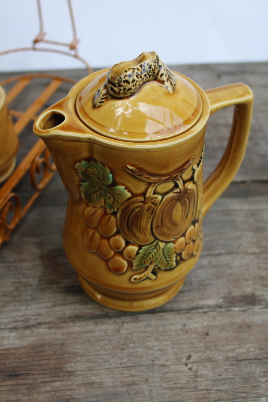 photo of vintage Japan fall theme hand painted ceramic set, tea or coffee pot, cream & sugar set w/ wire caddy mug rack  #6
