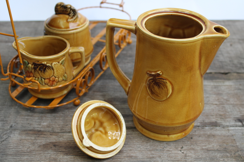 photo of vintage Japan fall theme hand painted ceramic set, tea or coffee pot, cream & sugar set w/ wire caddy mug rack  #8