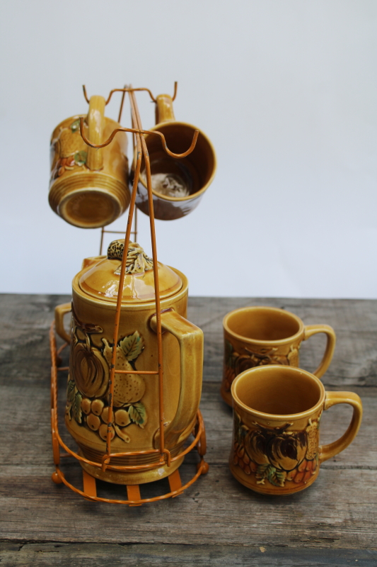 photo of vintage Japan fall theme hand painted ceramic set, tea or coffee pot, cream & sugar set w/ wire caddy mug rack  #9