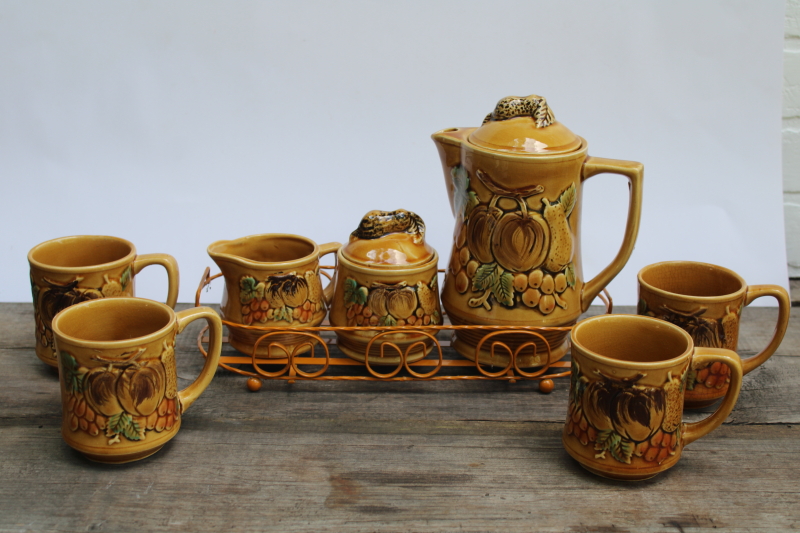 photo of vintage Japan fall theme hand painted ceramic set, tea or coffee pot, cream & sugar set w/ wire caddy mug rack  #10