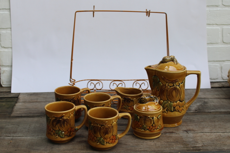 photo of vintage Japan fall theme hand painted ceramic set, tea or coffee pot, cream & sugar set w/ wire caddy mug rack  #11