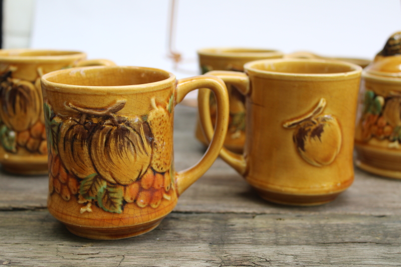 photo of vintage Japan fall theme hand painted ceramic set, tea or coffee pot, cream & sugar set w/ wire caddy mug rack  #12