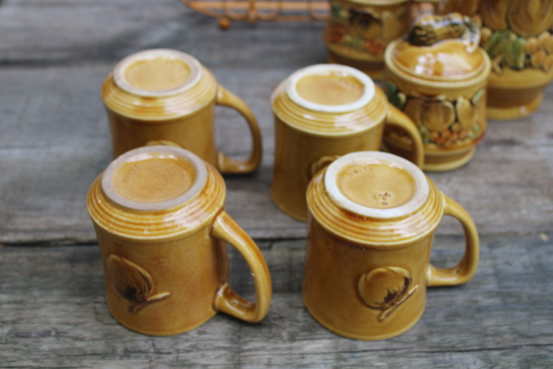 photo of vintage Japan fall theme hand painted ceramic set, tea or coffee pot, cream & sugar set w/ wire caddy mug rack  #13