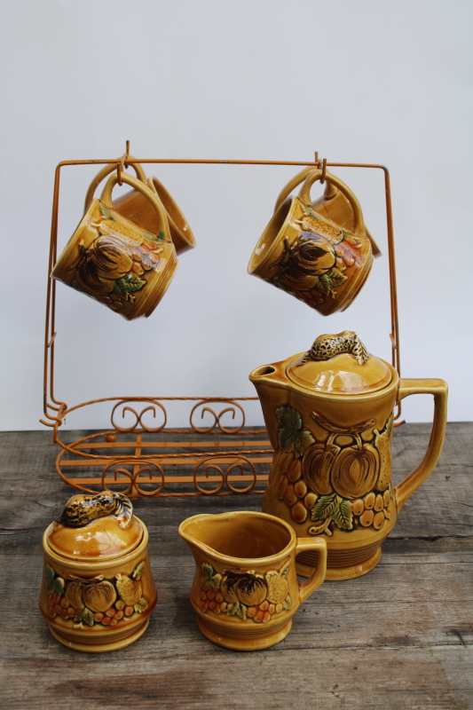 photo of vintage Japan fall theme hand painted ceramic set, tea or coffee pot, cream & sugar set w/ wire caddy mug rack  #17