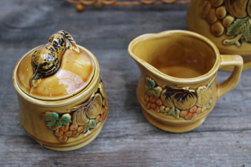 photo of vintage Japan fall theme hand painted ceramic set, tea or coffee pot, cream & sugar set w/ wire caddy mug rack  #18