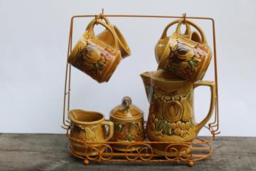 vintage Japan fall theme hand painted ceramic set, tea or coffee pot, cream & sugar set w/ wire caddy mug rack 