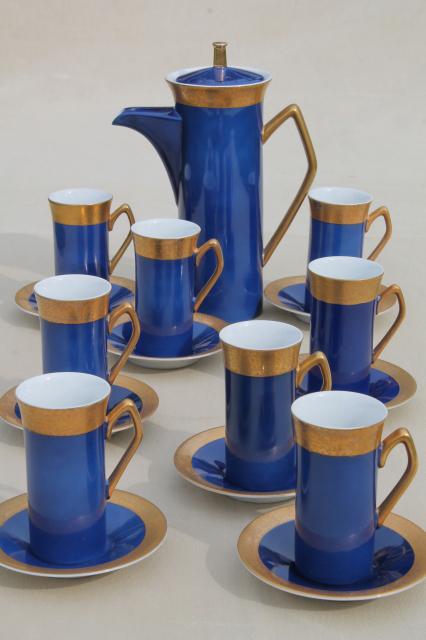 photo of vintage Japan fine china espresso set, coffee pot & tall cups in cobalt blue w/ gold #1