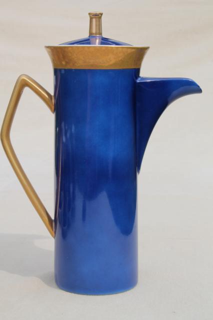 photo of vintage Japan fine china espresso set, coffee pot & tall cups in cobalt blue w/ gold #2