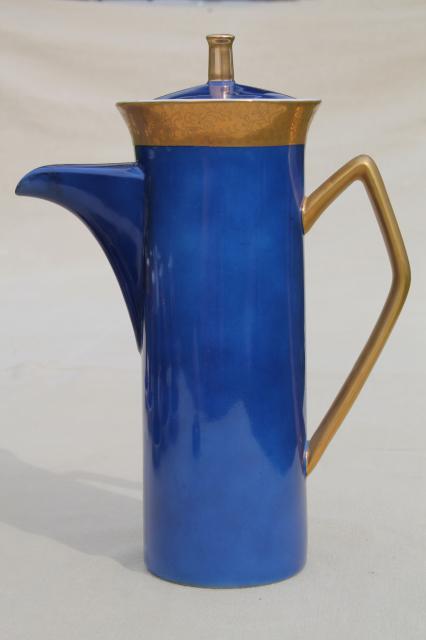 photo of vintage Japan fine china espresso set, coffee pot & tall cups in cobalt blue w/ gold #12