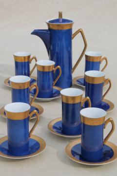 catalog photo of vintage Japan fine china espresso set, coffee pot & tall cups in cobalt blue w/ gold