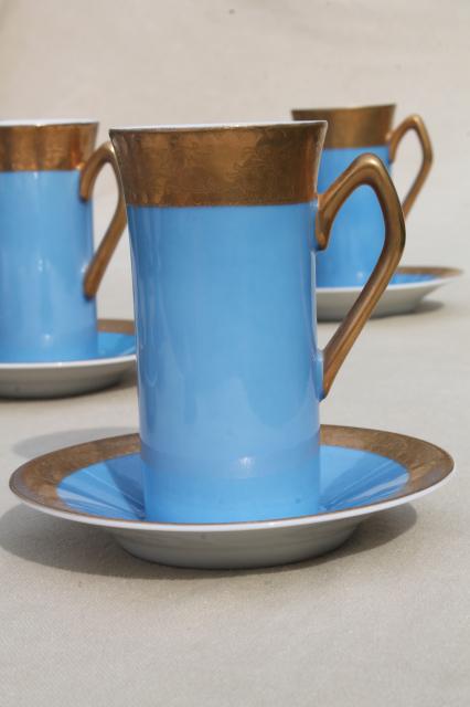 photo of vintage Japan fine china tall espresso coffee cups & saucers, sky blue w/ gold #2