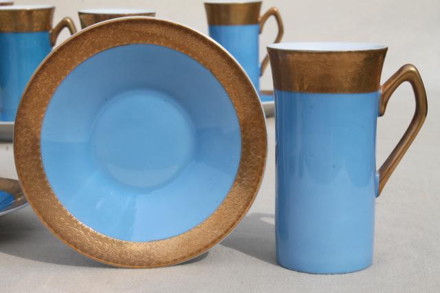 photo of vintage Japan fine china tall espresso coffee cups & saucers, sky blue w/ gold #3