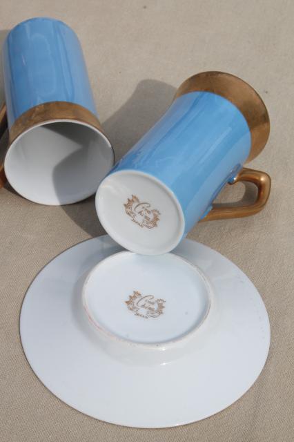 photo of vintage Japan fine china tall espresso coffee cups & saucers, sky blue w/ gold #6