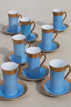 catalog photo of vintage Japan fine china tall espresso coffee cups & saucers, sky blue w/ gold