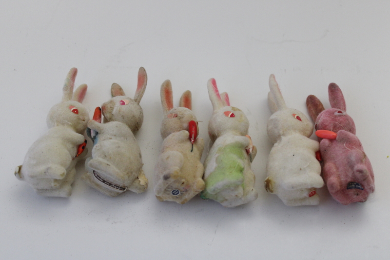 photo of vintage Japan flocked bunnies Easter decorations, shabby worn rabbits needing TLC #1