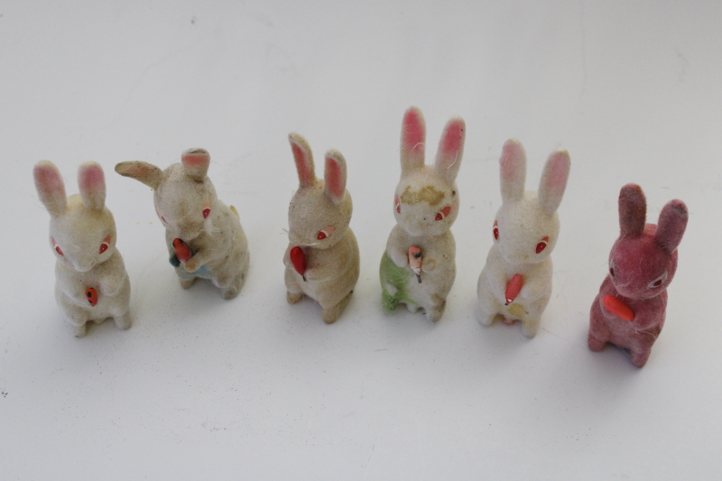 photo of vintage Japan flocked bunnies Easter decorations, shabby worn rabbits needing TLC #4