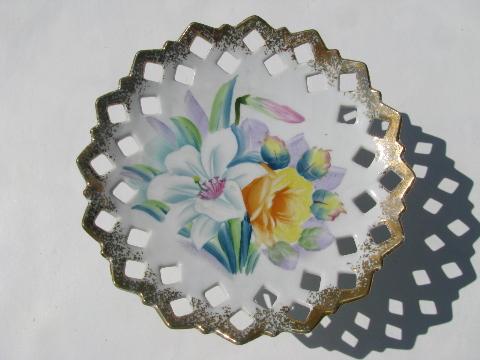 photo of vintage Japan, flowered pierced lace edge china candy plate, Ucagco label #2