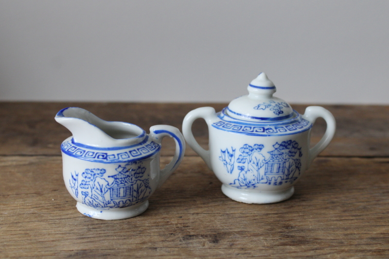 photo of vintage Japan hand painted blue & white porcelain, mini china cream & sugar set  #1